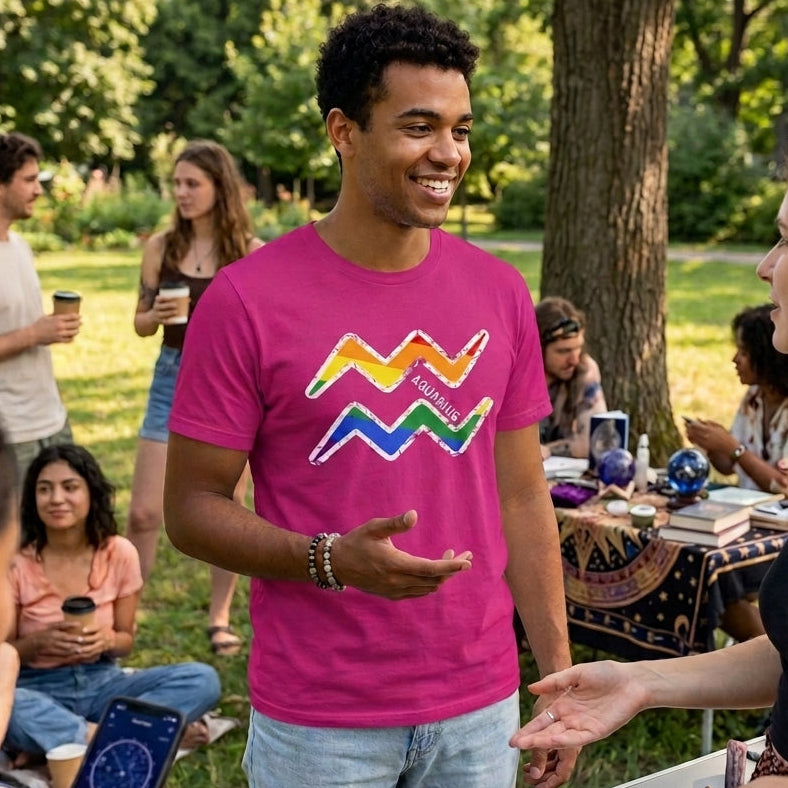 A smiling young man wearing a vibrant pink graphic t-shirt with a rainbow Aquarius zodiac symbol and denim shorts, speaking to a woman at an outdoor gathering. He gestures with his hand towards her. She wears a black top and a crescent moon necklace and is standing next to a table with tarot cards laid out. In the background, other people are present, including a person holding a smartphone displaying a star chart and another man holding a coffee cup