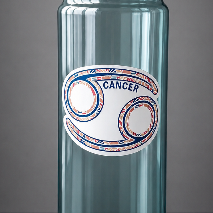 A translucent teal water bottle with a black screw-on cap and carrying loop, featuring a Cancer zodiac sign graphic on the front, set against a dark gray studio background.