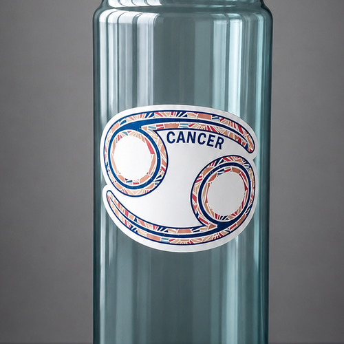 A translucent teal water bottle with a black screw-on cap and carrying loop, featuring a Cancer zodiac sign graphic on the front, set against a dark gray studio background.