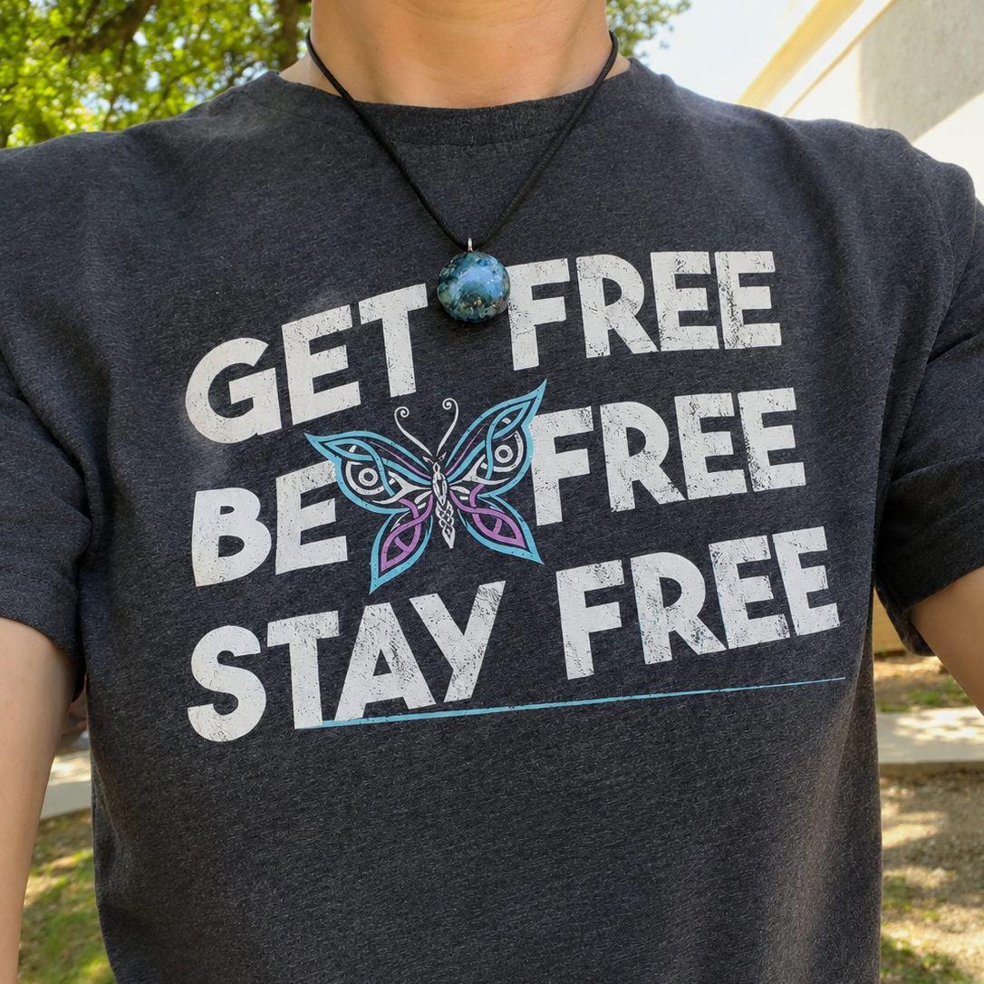 A person wearing a dark heather gray graphic t-shirt with the text 'GET FREE BE FREE STAY FREE' in distressed white letters and a colorful butterfly graphic in the center. The background is an outdoor setting with trees and grass.