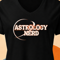 Black t-shirt with 'ASTROLOGY NERD' text design on a beige and orange background