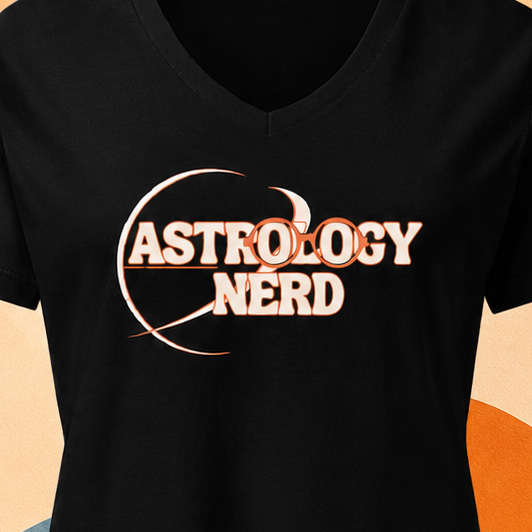 Black t-shirt with 'ASTROLOGY NERD' text design on a beige and orange background
