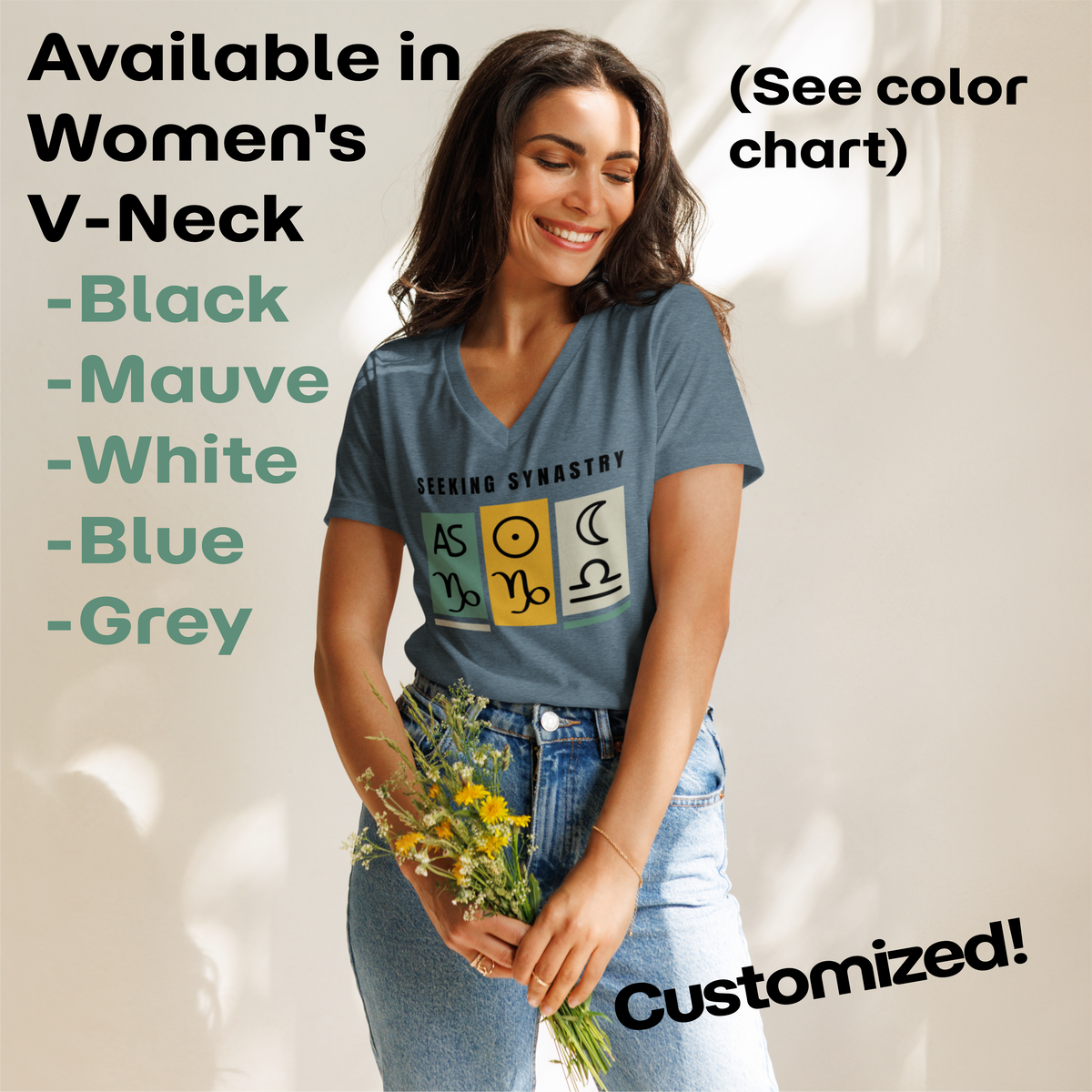 Customizable "Big Three" Astrology Tee - Women's V-neck - "Seeking Synastry" w/ Personalized Astrology Signs