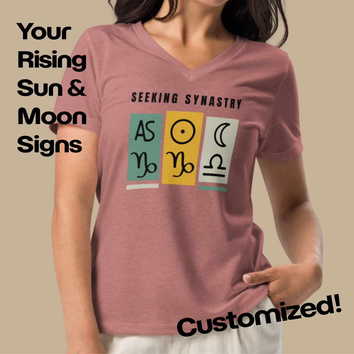 Customizable "Big Three" Astrology Tee - Women's V-neck - "Seeking Synastry" w/ Personalized Astrology Signs