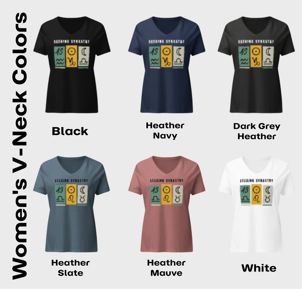 Customizable "Big Three" Astrology Tee - Women's V-neck - "Seeking Synastry" w/ Personalized Astrology Signs