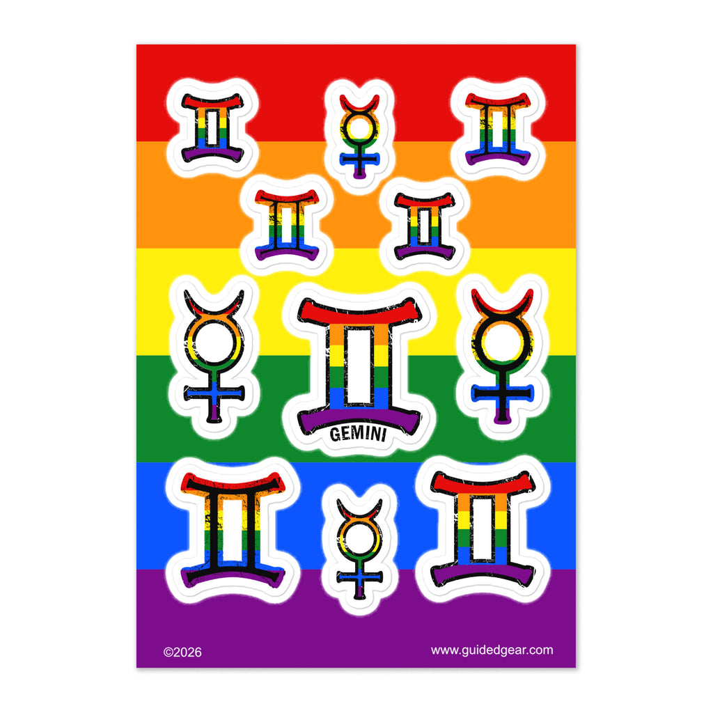 Rainbow zodiac stickers. A sheet of rainbow-striped stickers featuring Gemini zodiac symbols in various combinations with Venus and Mars symbols, on a white background.