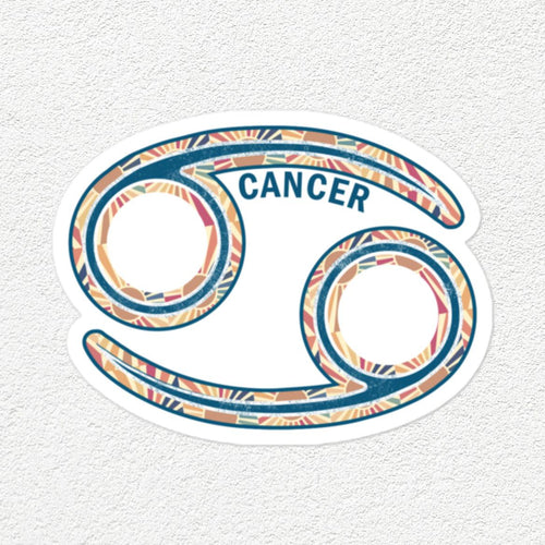 A Cancer zodiac sign sticker featuring a stylized astrological symbol with a colorful patterned border and the word 'CANCER' in blue, shown on a textured off-white background.