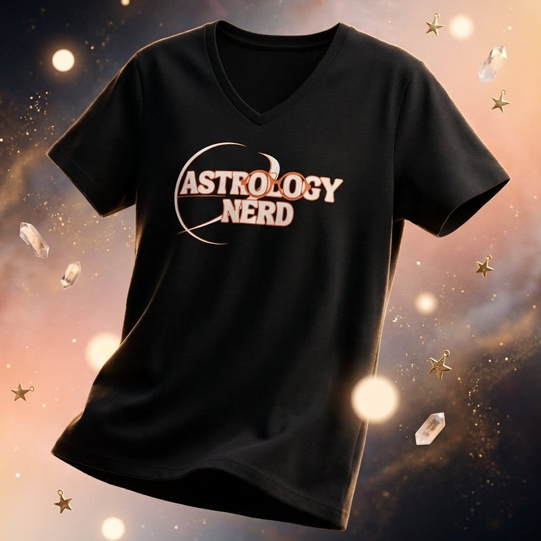 Black t-shirt with 'ASTROLOGY NERD' text on a cosmic background