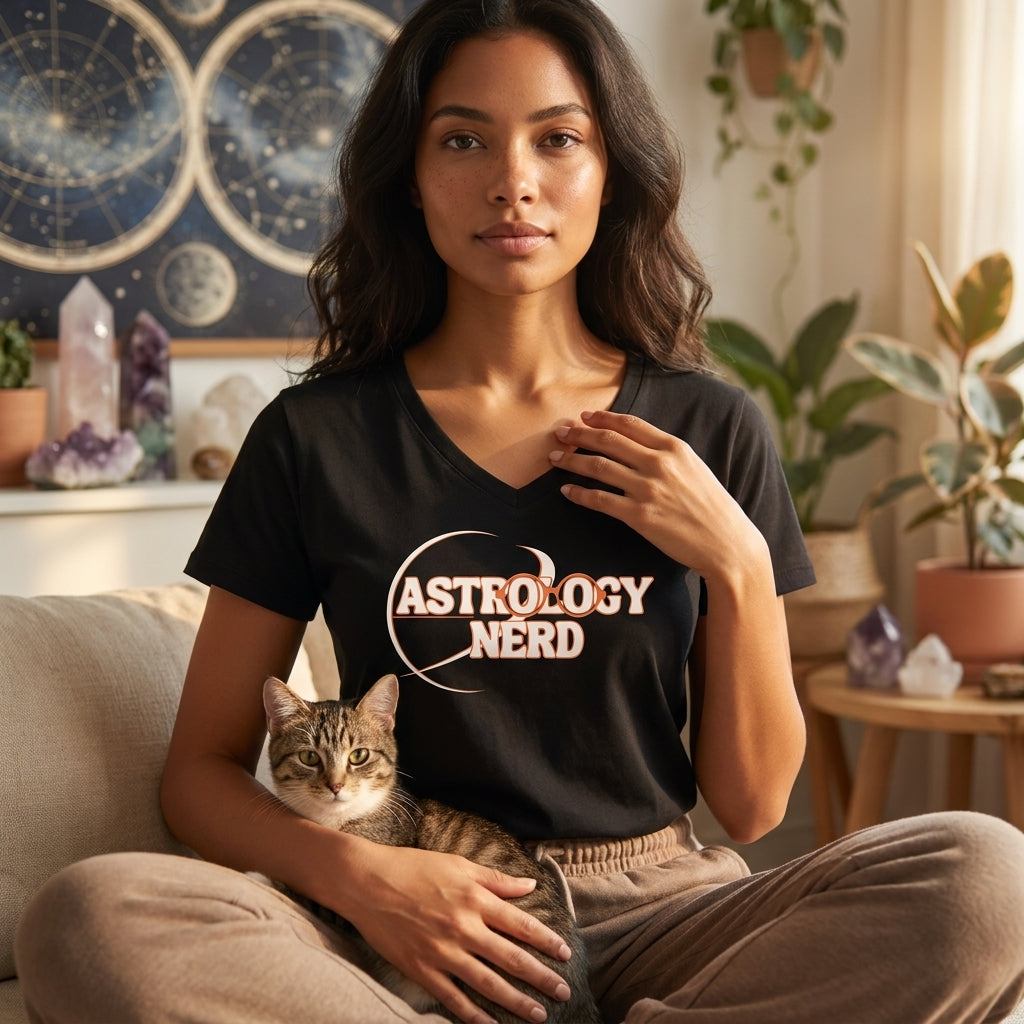 Woman wearing an 'Astrology Nerd' t-shirt sitting with a cat in a cozy room.