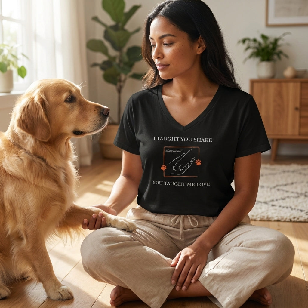 Woman sitting on the floor with a dog, wearing a black t-shirt with text and graphics.
