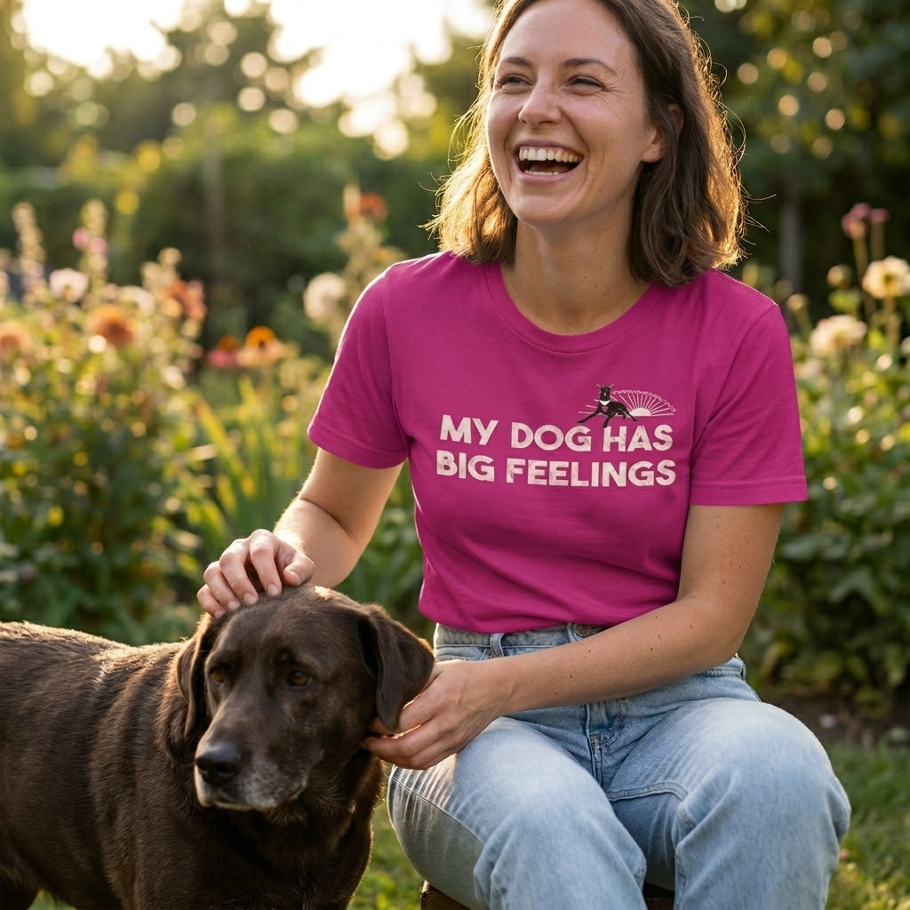 Woman wearing a pink t-shirt with a dog graphic and text, sitting with a dog in a garden.