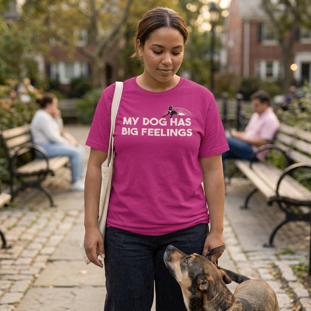 Woman wearing a pink t-shirt with a dog graphic and text, standing in a park with a dog.