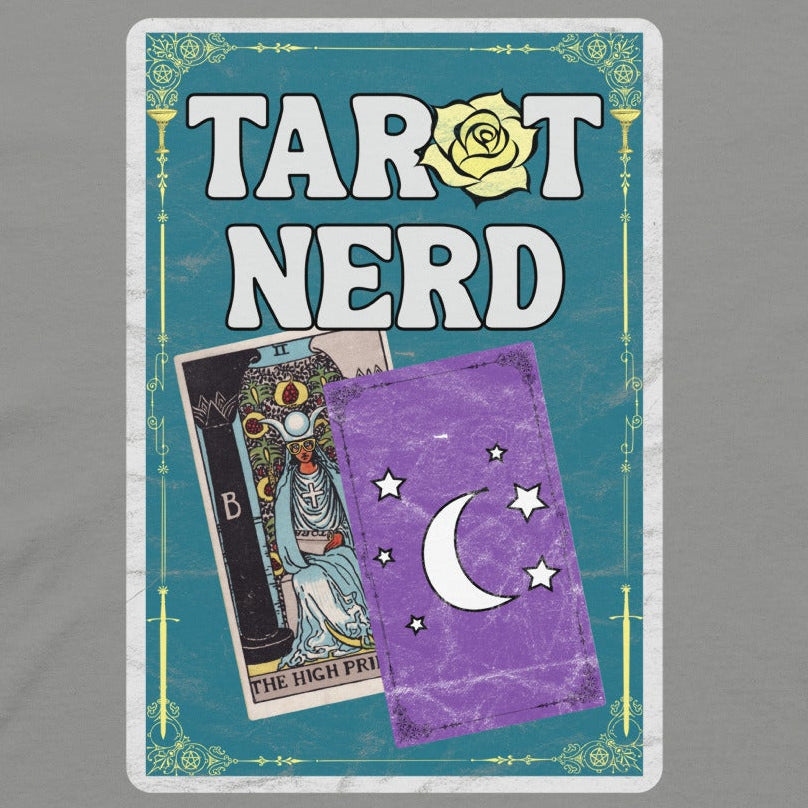 A gray long-sleeve crewneck t-shirt with a 'Tarot Nerd' graphic on the chest, featuring a teal background with tarot card illustrations.