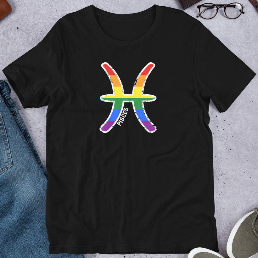 Rainbow Pisces zodiac sign graphic tee with distressed two fish glyph on a black unisex Bella Canvas shirt by Guided Gear.