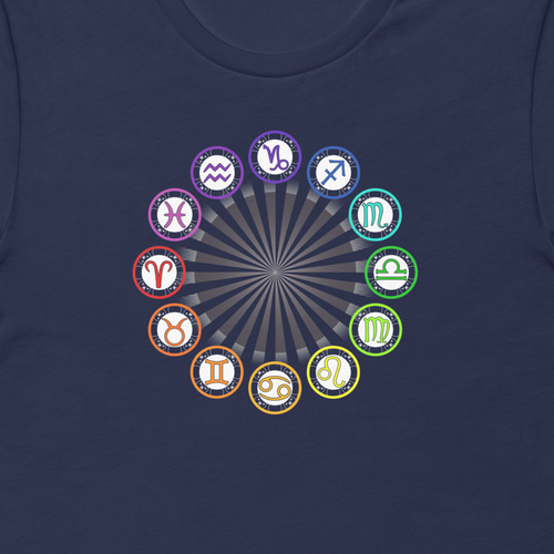 Navy blue t-shirt with colorful zodiac symbols arranged in a circular pattern on a white background