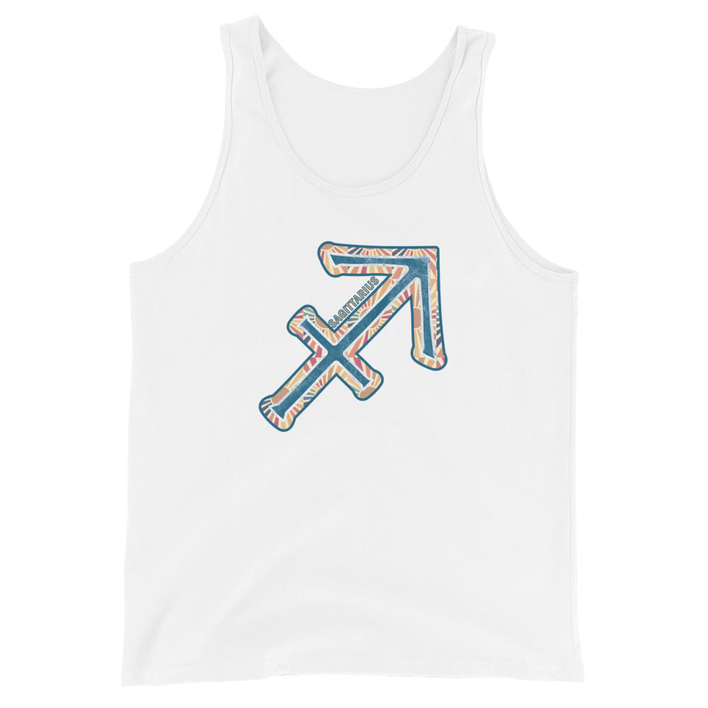 White tank top with Sagittarius graphic and text on a white background